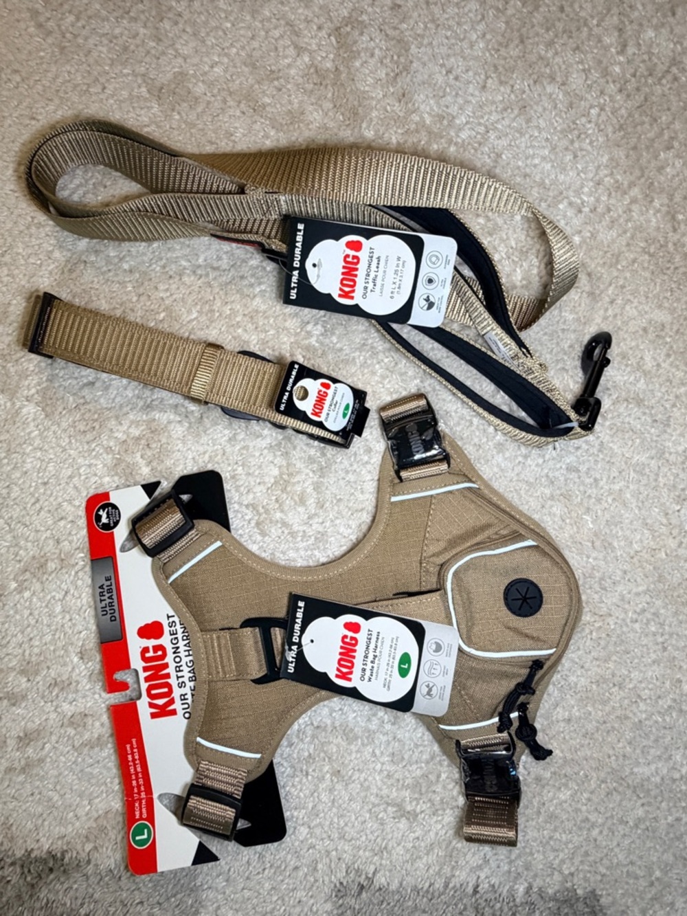 KONG Ultra Durable Dog Harness, Collar & Leash Set - Tan. Large